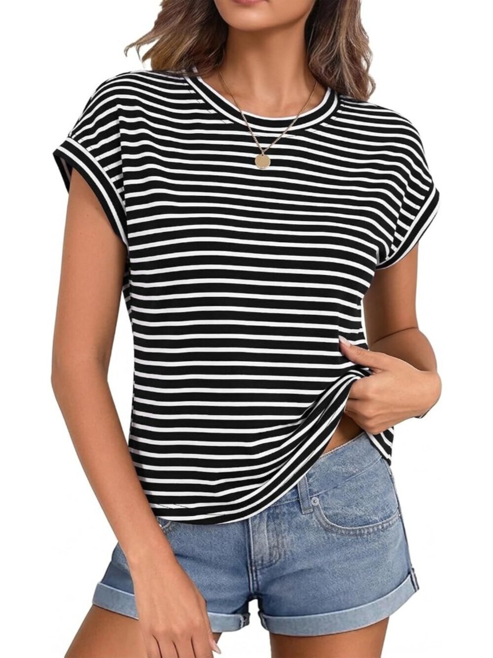 Women Black White Cute Short Sleeve Boxy Crew Neck Basic Summer Pull On Crop Top